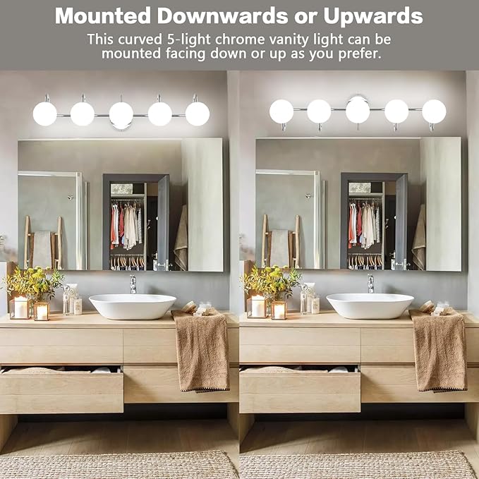 Chrome Mid Century Modern Bathroom Vanity Lights - 5-Light Wall Sconces with Frosted Milk Glass Globes