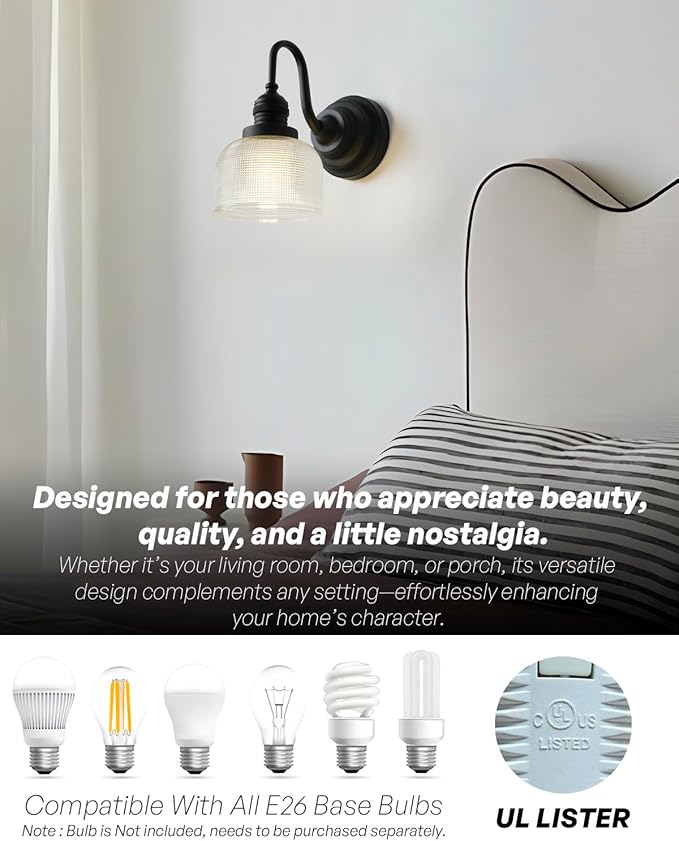 Vintage Wall Sconce Light Black Bathroom Vanity Light with Clear Checkered Glass Shade Hardwire Sconce Indoor Farmhouse Wall Lamp Fixture for Bathroom Mirror Living Room Bedroom Kitchen