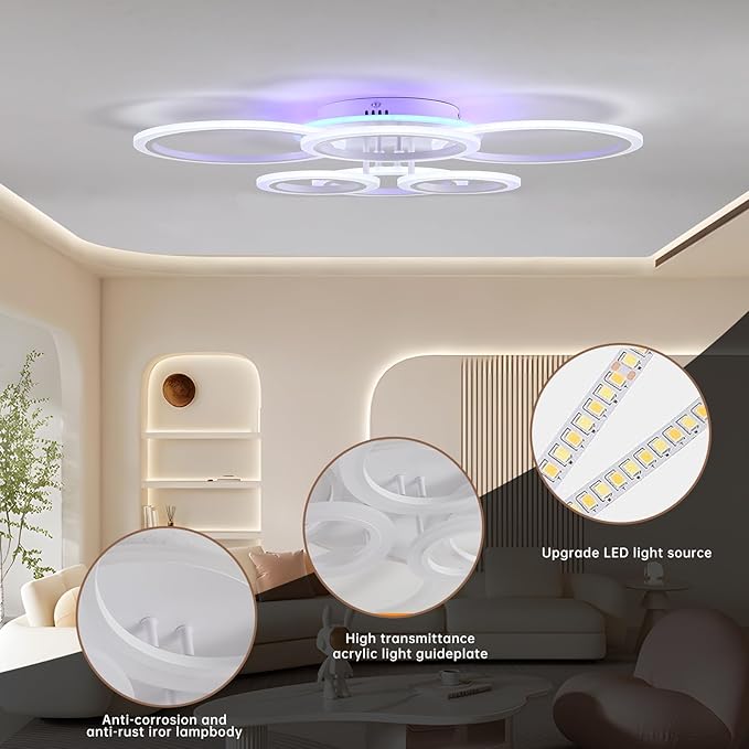 Modern LED Ceiling Light,70W Flush Mount Ceiling Light,Dimmable Ceiling Lights for Bedroom,6 Rings Lighting Fixture LED Ceiling Lamp for Kitchen,Living Room,Laundry Room,3000-6000K,White