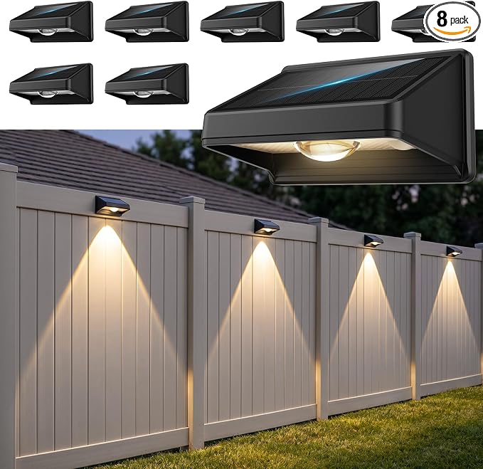 Solar Fence Lights Outdoor, 3000/4500/6000K 3 Mode 8Pack Fence Lights Solar Powered Ultra-Bright LED Lens IP65 Waterproof Solar Patio Lights for Outside,Deck/Flood/Backyard/Yard /Step/Railings/Wall