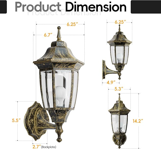 EMART Outdoor Front Porch Light, Exterior Anti-Corrosion, Waterproof Aluminum & Glass Shades Wall Lamp Fixture, Modern Sconce Lantern for Outside, House, Garage - 2 Pack, Gold （Bulb Included）