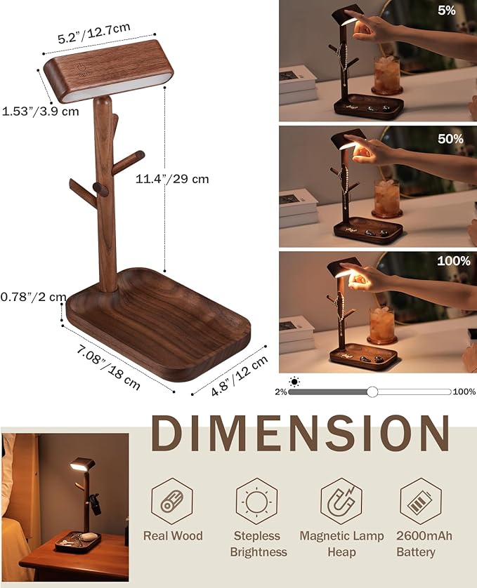 Wooden Table Lamp, Tree Trunk Rechargeable LED Bedside Lamp with Jewelry Tray, 360° Rotating Cordless Lamp for Nightstand or Entryway (Black Walnut)