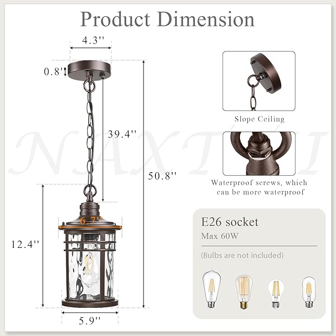 Outdoor Hanging Lantern Light Dusk to Dawn Hanging Porch Light Anti-Rust Aluminum Outdoor Chandelier for Front Door Gazebo E26 Socket Oil Rubbed Bronze Finish