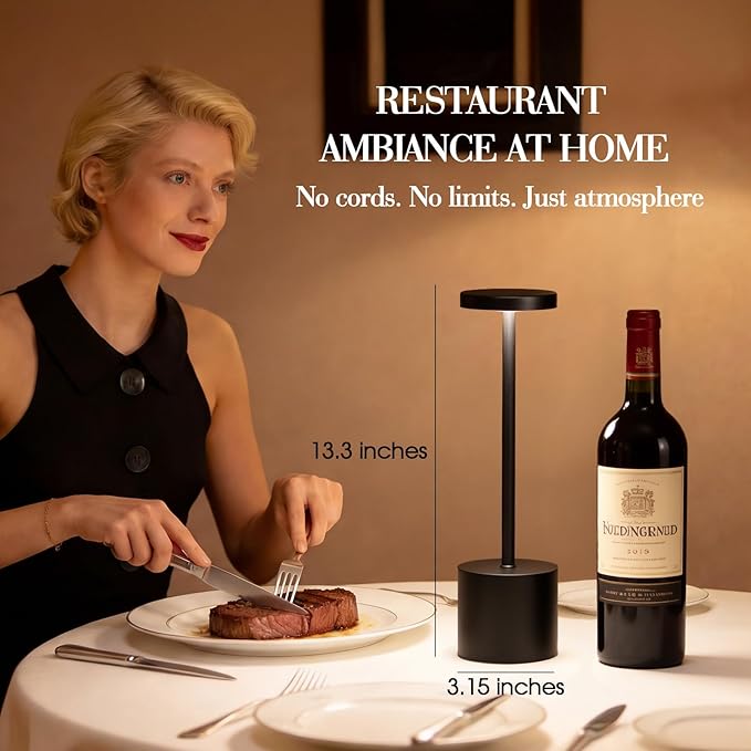 Cordless Table Lamp Set of 2, 5000mAh Rechargeable Lamp with Touch Control & Stepless Dimming, 3 Light Modes, IP54 Waterproof Portable Light for Dining Table, Patio, Bedroom, Power Outage (Black)