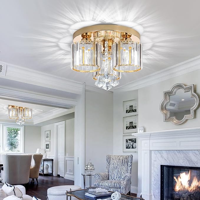 Gold Glam Chandelier Crystal Ceiling Light for Bedroom Lighting Fixtures LED Drum Light for Dining Room Kitchen Entrway Foyer Crystal Pendant Drops Light