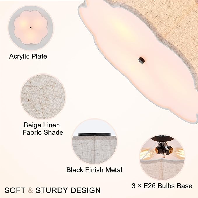 18" Modern Flush Mount Ceiling Light, 3-Light Large Black Ceiling Fixture with Beige Linen Drum Shade, Flower Design Ceiling Lamp for Dining Room, Bedroom, Nursery, Entryway