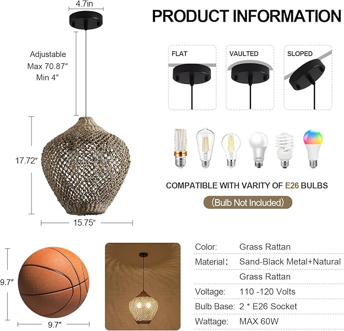 17.72" Rattan Pendant Light,Boho Hand Woven Seagrass Hanging Light Natural Grass Rattan Chandelier for Dining Living Bedroom Kitchen Island