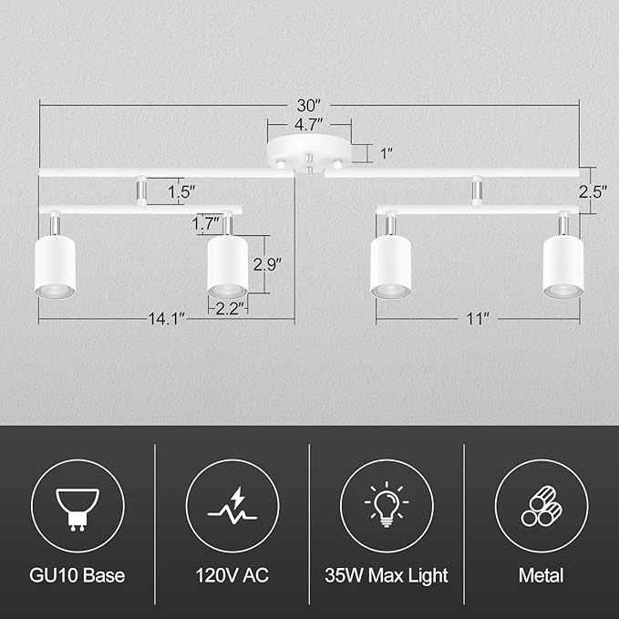 Track Lighting Fixtures Ceiling, 4-Light LED Track Lighting Kit, 30" Modern White Ceiling Spot Lighting, Flexibly Rotatable Head, Wireless Wall Light for Bedroom/Kitchen/Hallway(GU10 Socket, NO Bulb)