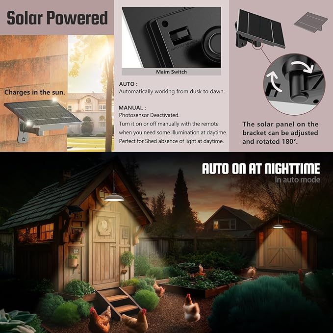 Solar Pendant Lights, Outdoor Indoor 300 Lumen Solar LED Shed Light, with Remote Control: 3 CCT Options, 2 Brightness, Timing Settings, Single Pack, Rubbed Bronze Finish