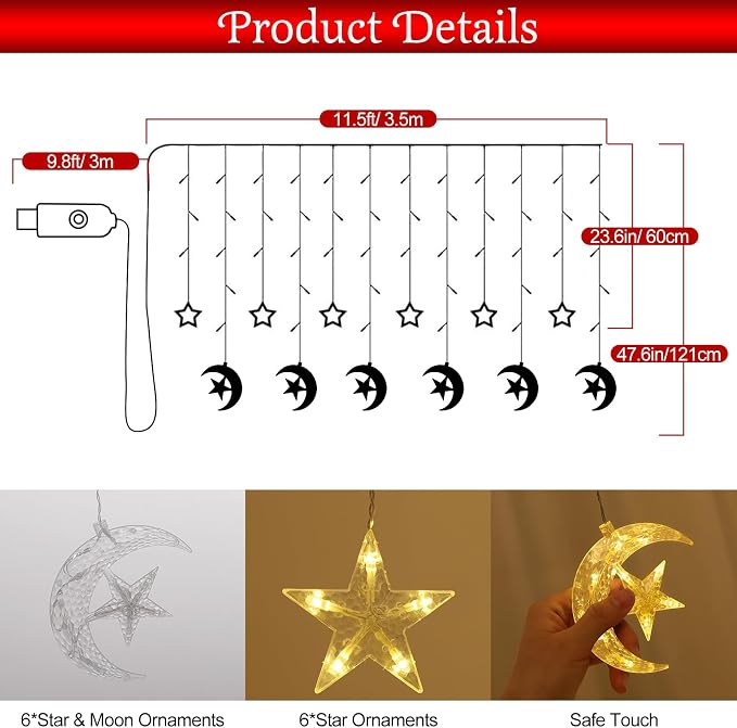 Lewondr 138 LED Star Moon String Curtain Lights, Hanging Fairy Lights with 6H Timer&8 Modes, USB & Remote Control Ramadan String Lights for Christmas Bedroom Wedding Party Xmas Indoor Decor,Warm Light