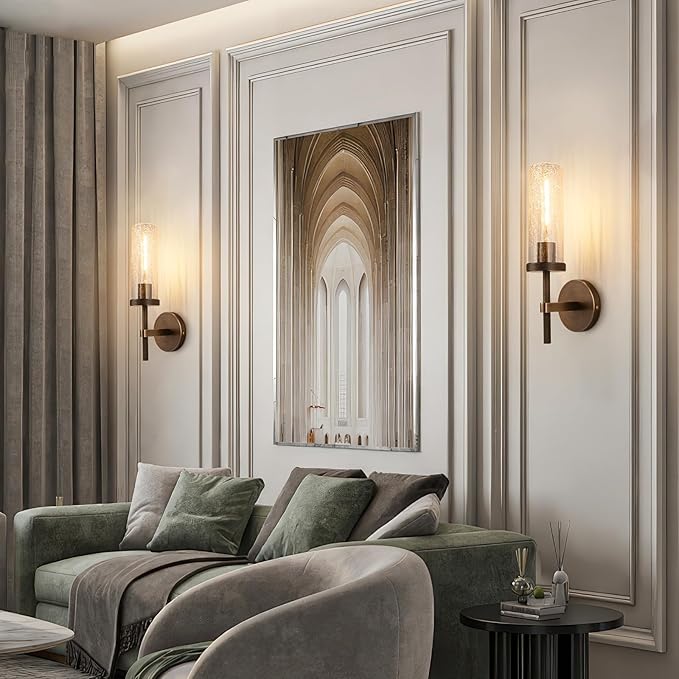 15" Knurled Brass Wall Sconces Set of 2, Bronze Bathroom Vanity Light Fixtures with Crackle Glass Tube, Modern Lamp Lighting for Bedroom, Living Room, Hallway, Staircase, Mirror, Kitchen