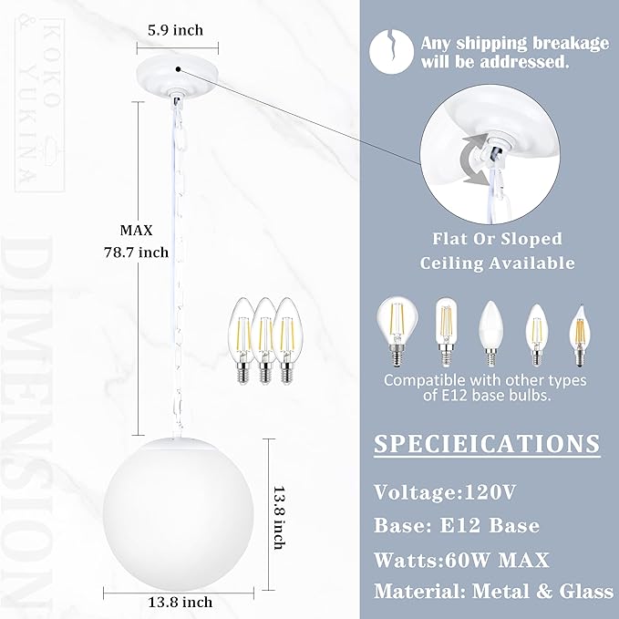 KoKo&Yukina 14 Inch Globe Pendant Light Adjustable White Globe Pendant Lights Kitchen Island Mid Century Light Fixture with Milky White Glass Shade for Living Room