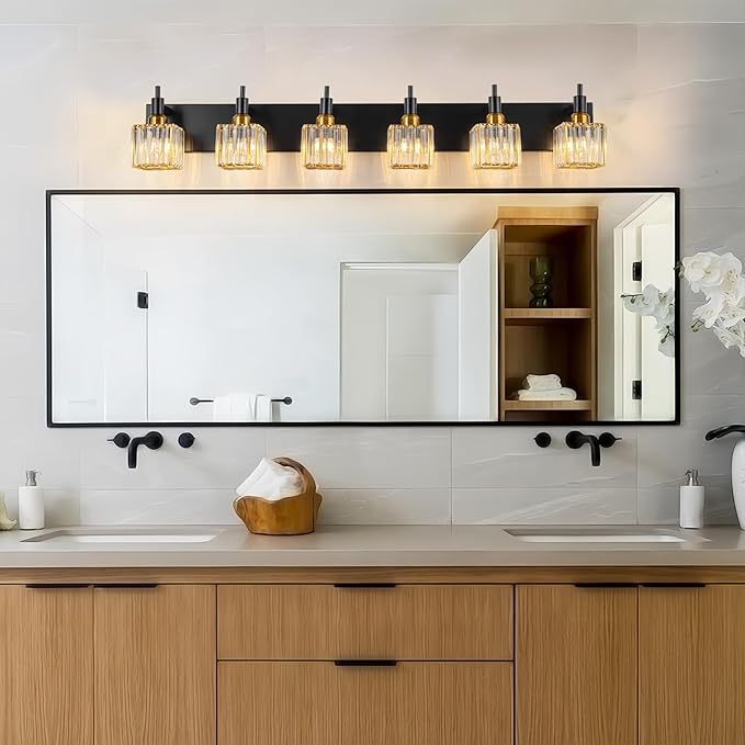 6-Lights Crystal Bathroom Vanity Light Black Gold Modern Bathroom Lighting Fixtures Over Mirror, Wall Light Fixtures