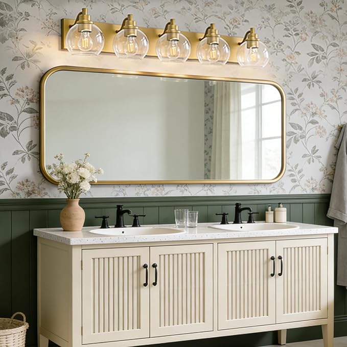 IZORRO Bathroom Light Fixtures, 5 Light Brushed Gold Vanity Light, Modern Wall Sconces with Globe Clear Glass Shade, Vanity Lighting Fixtures Over Mirror,E26 Bulb Socket