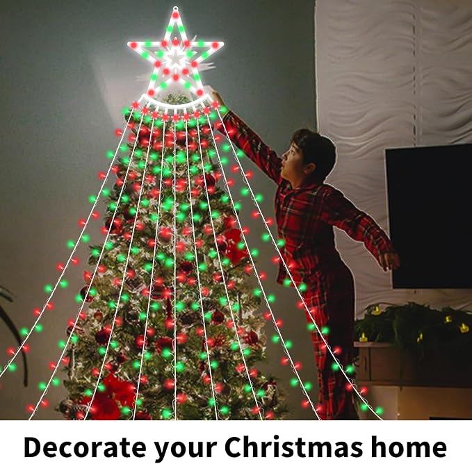 350 LED Christmas Decorations Star String Lights Waterproof Waterfall StarLights 8 Light Modes Remote & Timer,Waterproof Seasonal Lighting Decor for Home Xmas Tree Yard Wedding Party (Red&Green)