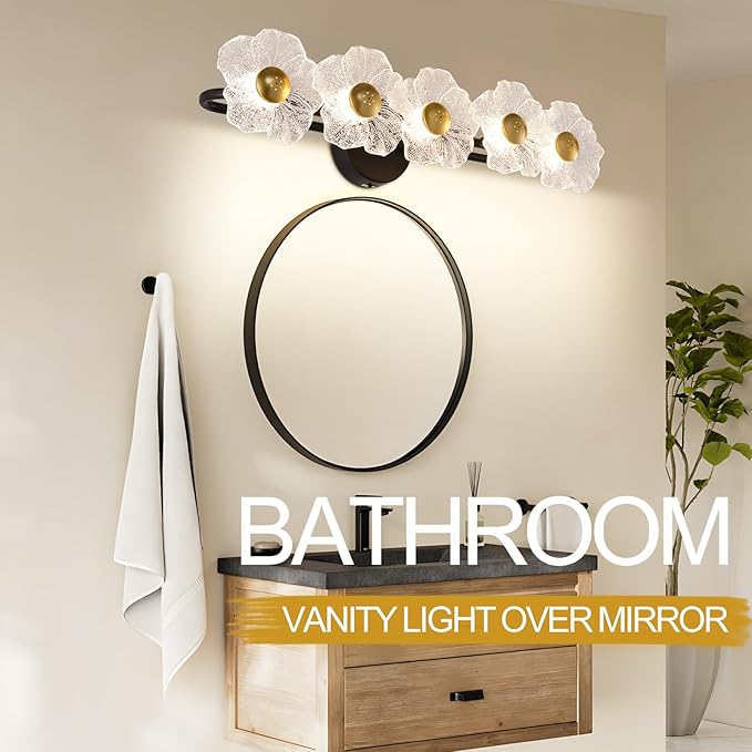 26.7" Black Bathroom Light Fixtures 5 Light Floral Bathroom Vanity Light, 3-Color Temperature Vanity Light Elegant Led Wall Lights Cordless Wall Sconces for Decor,Restroom,Livingroom,Bedroom