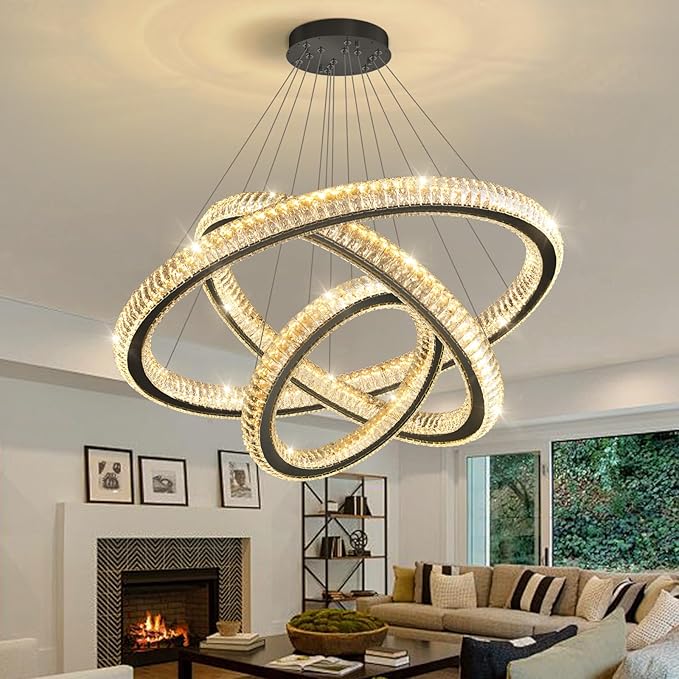 HAIXIANG 3 Rings Modern LED Chandelier Crystal Dimmable Large Foyer Chanderliers Entryway High Ceiling for Staircase Pendant Lights for Living Room Black Light