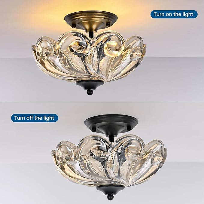HuixuTe Modern Semi Flush Mount Ceiling Light, 3-Light Black Close to Ceiling Light Fixture with Cognac Glass Shade for Bedroom Living Room Entryway