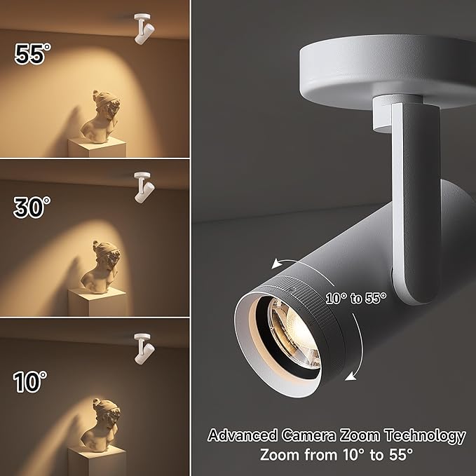 12W LED Dimmable Zoomable Ceiling Spotlight Indoor – Adjustable Surface Mount Accent Light for Corridor, Living Room, Plants & Artwork | Warm White 3000K CRI 97, Flicker-Free, White 2 Packs