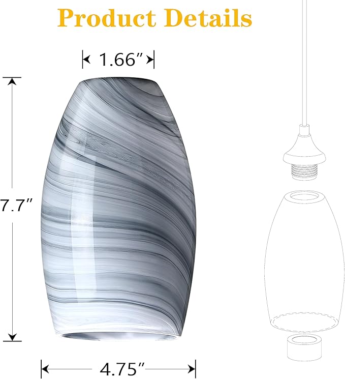 3 Pack Replacement 4.7" Grey Cover Glass Shade,Ceiling Fan Light Lampshade for Chandelier Vanity Lights Wall Sconces Pendant Light,1.66" Fitter Size,7.7" high*4.7" Diameter