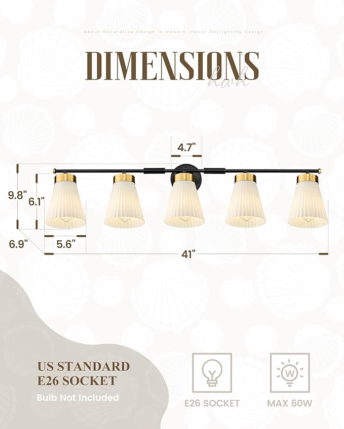 Bathroom Wall Sconces, HWH 5-Light Wall Mount Lighting Fixtures for Mirror, Modern Vanity Lights with Frosted Milk White Striped Glass, Black and Gold Finish, 5HZG97B-5W BK+BG
