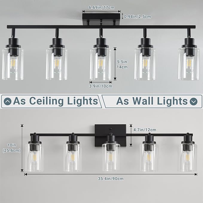 LOUSACE 5 Light Kitchen Track Light Fixtures Ceiling Vanity Lights Black, Bathroom Track Lighting Kit w/Rotatable Heads & Clear Glass Shade, Modern Wall Ceiling Tracking Light for Accent Shop Hallway