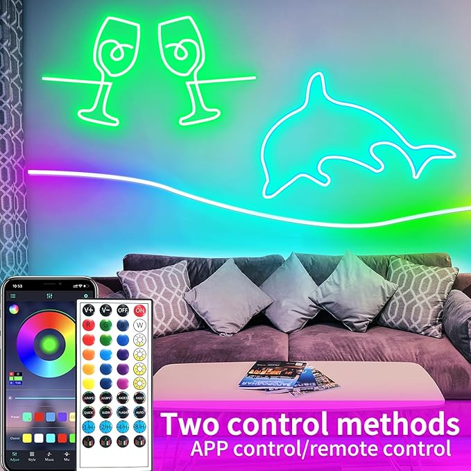 segrass 100ft LED neon Lights with Remote APP Control IP65 Waterproof Flexible Neon LED Strip Lights 24v RGB LED neon Rope Lights for Bedroom Room Outdoors Decor（2 Rolls of 50ft