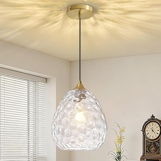 Glass Pendant Lights Kitchen Island, Brass Gold Pendant Lighting Fixtures, Modern Hanging Ceiling Light with 8.27'' Hammered Glass Shade for Farmhouse Dining Room Bedroom Hallway(1 Pack)