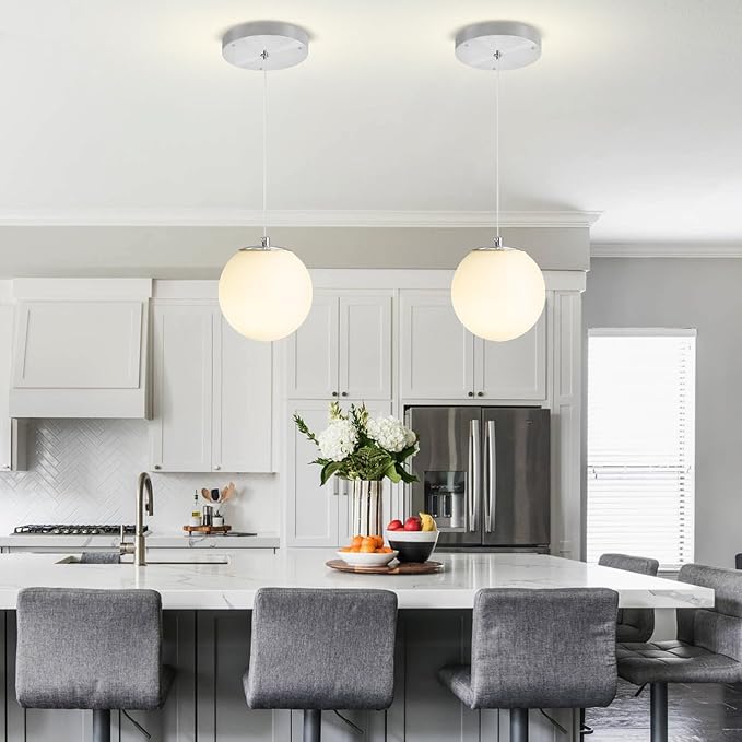 ykolupty 1-Light Modern Globe Pendant Light Fixtures Silver Chandelier with White Globe Glass Dimmable Ceiling Light Glass Pendant Light for Kitchen Island, Dining Room, Living Room, Entry Hallway