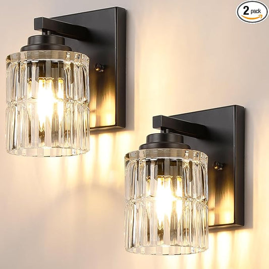 TALOYA 4 Inch Bathroom Light Fixtures,Modern,Set of 2 Light Brushed Black Vanity Lights with Wide Vertical Ribbed Thickened Glass Shade for Mirror Makeup Room Hallway（Bulbs Not Included）