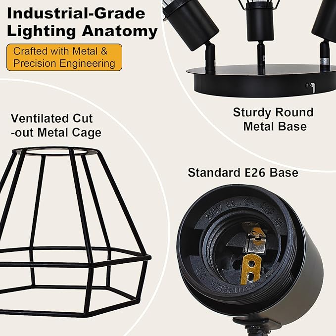 HiBay LED Track Lighting Fixtures, 3-Light Adjustable Directional Ceiling Light, Black Geometric Metal Cage Industrial Spotlight Indoor for Kitchen, Dining, Bedroom, E26 Base (Bulbs Not Included)