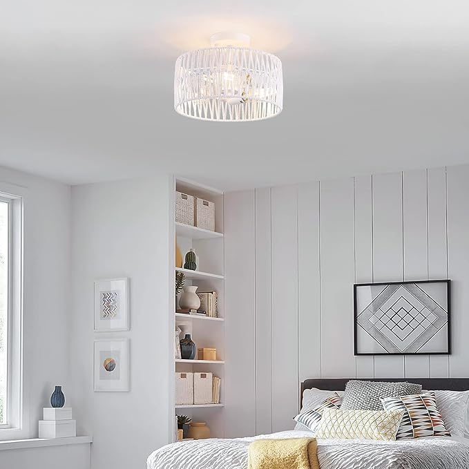 3-Light Coastal White Woven Flush Mount Light Fixture Boho Hemp Rope Semi Flush Mount Ceiling Light for Hallway Bedroom Kitchen Entryway Farmhouse Living Room, White