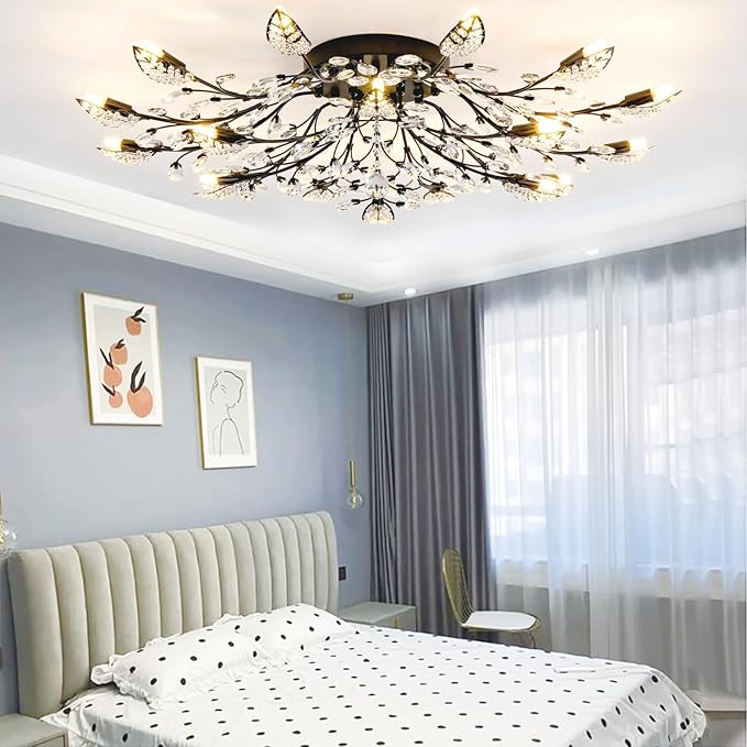 Semi Flush Mount Ceiling Light Fixtures Black Crystal Leaves Chandeliers Lighting for Bedroom Living Room Dining Room Kitchen Hallway Foyer