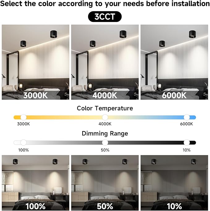 Flush Mount LED Ceiling Light Fixture, 20W Dimmable & 3000K/4000K/6000K Adjustable Ceiling Lights, Modern Close to Ceiling Lamps for Closet Hallway Kitchen Entryway Living Room, 4.7Inch, Black, 3 Pack