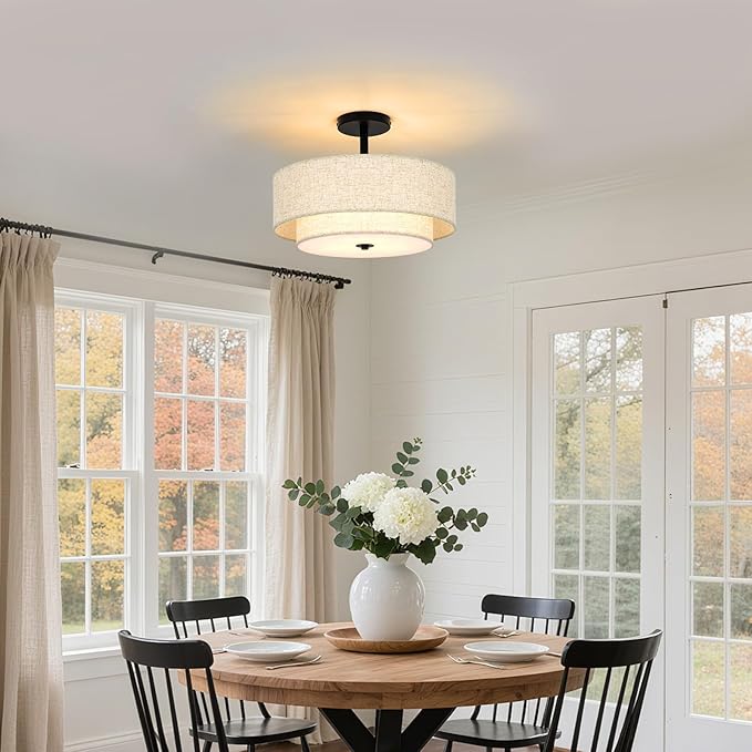 15.7 inch Modern Ceiling Light, Double Fabric Ceiling Lamp, 3 Light Black Semi-Flush Mount Ceiling Lights, Round Ceiling Light Fixture for Bedroom, Kitchen, Dining Room, Hallway，Living Room