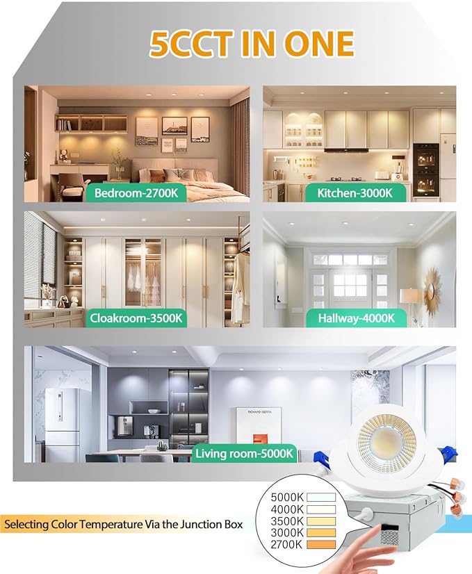 zouzai 3 Inch Gimbal Led Recessed Lighting, 360°+90° Adjustable Directional Recessed Lights, 2700K/3000K/3500K/4000K/5000K Dimmable Retrofit Eyeball Can Lights with Jbox,ETL (White, 12 Pack)
