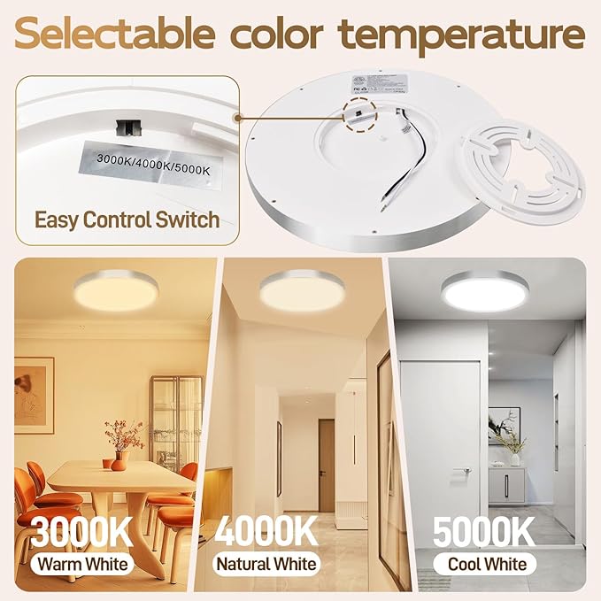Hlite Dimmable 4pack 12 inch Flush Mount LED Ceiling Light Fixture,24W 2600LM Super Slim 3000K/4000K/5000K 3CCT Selectable,Dimmable Flush Mount Ceiling Light for Kitchen,Bedroom (Brushed Nickel)