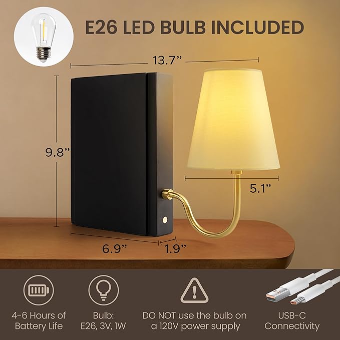 AELS Wooden Bookshelf Lamp with Bulb, Cordless Touch Dimmable Table Lamp with Linen Fabric Shade, Battery Operated, Modern Decorative Bookend, Book Sconce for Office Home Bedroom Bookshelf, Black