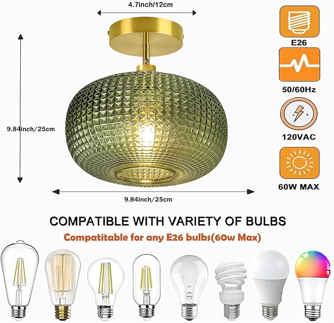 Semi Flush Mount Ceiling Light,Hallway Light Fixtures,Globe Glass Ceiling Fixture with Green Shade,Kitchen Ceiling Light Fixture,Vintage Green Ceiling Lights,Retro Ceiling Lighting for Entryway Porch