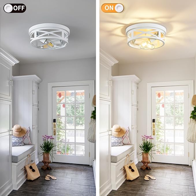 ZHU YAN 2 Pack Flush Mount Ceiling Light, White Hallway Light Fixture, Metal Cage, for Kitchen Entryway, E26 Base