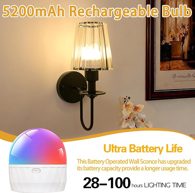 Battery Operated Wall Sconces Set of 2 – 5200mAh Rechargeable Crystal Glass, 15 Colors & 10-Level Dimmable, Wireless Wall Lights for Living Room & Bedroom,Black