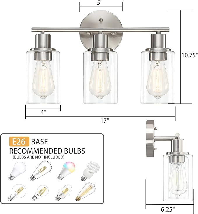 Pia Ricco 3-Light Bathroom Vanity Light Fixtures, Brushed Nickel Vanity Lights with Clear Glass Shades,Modern Wall Lights Over Mirror, Bath Wall Sconces for Mirror Living Room Bedroom Hallway