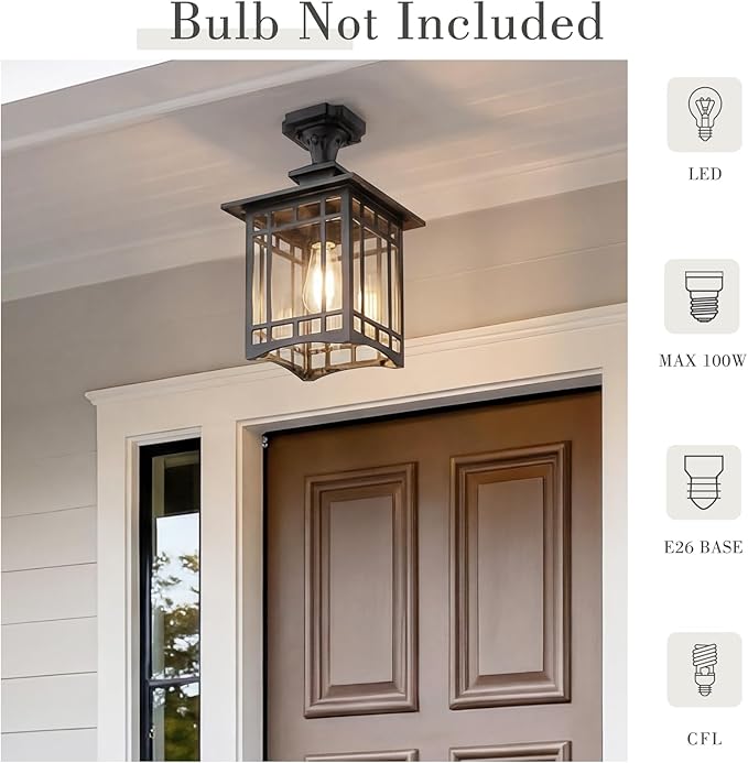 Emliviar Outdoor Semi Flush Mount Ceiling Light Fixture, 15.4 Inch Black Porch Light Ceiling Mount with Clear Glass for Proch, E26 Base Socket, XE309F-M BK