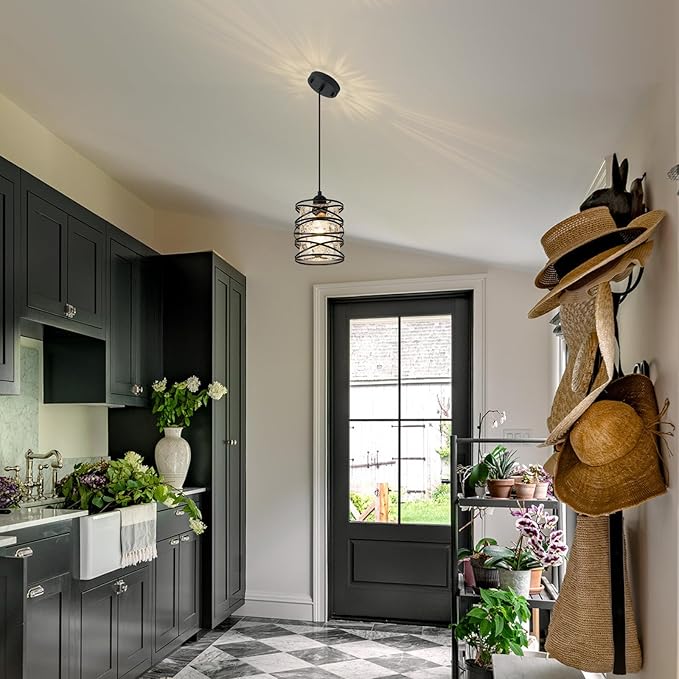 Black Mini Pendant Light Fixture 1-Pack Modern Kitchen Island Pendant Lighting 6.3 Inch Spiral Cage Handblown Hammered Seeded Glass Shade for Dining Room Bedroom Foyer Hallway Bar, E26