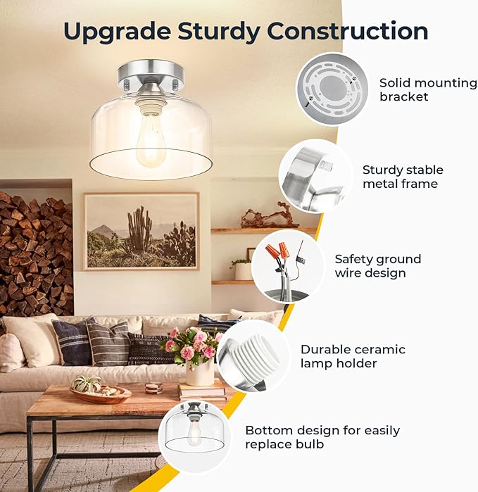 LACCEN Semi Flush Mount Ceiling Light Silver, Clear Glass Pendant Lamp Shade, Modern Farmhouse Light Fixture for Hallway Corridor Kitchen Entryway Bedroom, Bulb Not Included