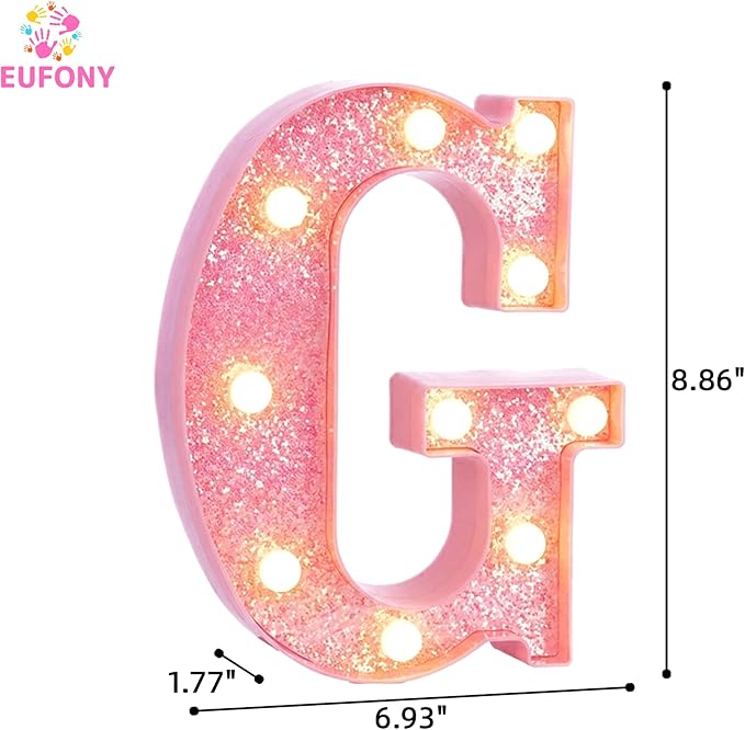 Pink Marquee Light Up Letters, Glitter Alphabet LED Letter Lights for Pink Birthday Party Decorations, Battery Operated Letter Sign for Girls Room Vanity Table Decor, Warm White Lights Letter G