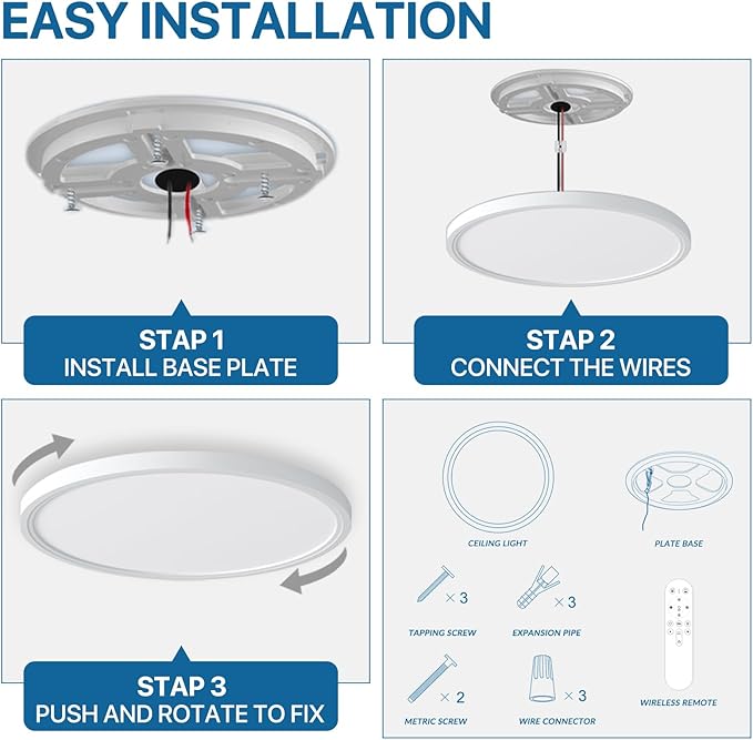 Dimmable LED Flush Mount Ceiling Light Fixture with Remote Control, 24W 2400LM, 12Inch, 2000K Warm Night Light & 3000K-6500K, Modern Super Slim Ceiling Lamp for Bedroom Kitchen, White, 1 Pack