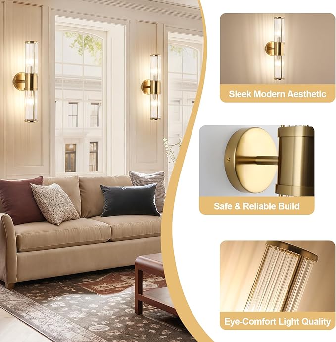 Modern Brushed Brass Vanity Light Fixture - Dual Glass Rods Wall Sconce for Bathroom, Double Light Socket E12 Candelabra Base, Mirror Vanity Lighting (Bulbs Not Included)