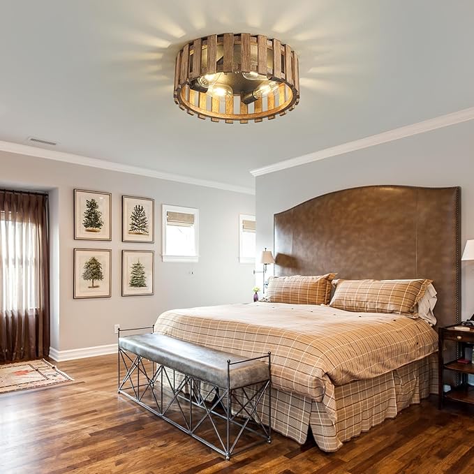Farmhouse Flush Mount Ceiling Light, 17 Inch 4-Light Wood Close to Ceiling Light Fixture, Retro Hallway Light Fixtures Ceiling, Rustic Drum Ceiling Light for Kitchen Entry Living Room