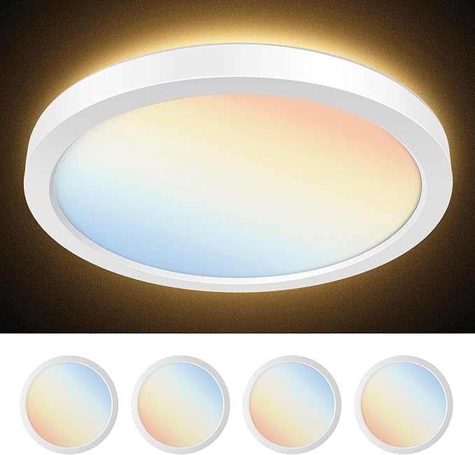 PARMIDA (4 Pack) LED Flush Mount Ceiling Light Fixture with Night Light, 12 Inch, 30W, ETL, 5 Color Selectable, 2400LM, Dimmable Ultra Thin Round Modern Low Profile, for Bedroom, Living Room - White